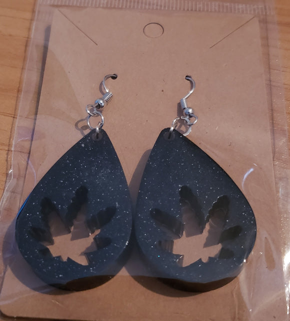 Black Shimmer Leaf Earrings